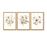Artze Wall Art Autumn Wild Flower Bouquets Set of 3 Framed Art Prints - Oak - 59x84cm (A1)