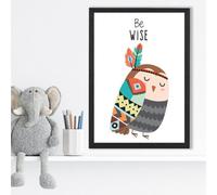 Artze Wall Art Be Wise Owl Tribal Animal Quote Framed Print Size: A3 With Black Frame