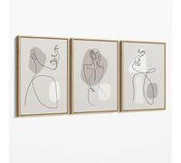Artze Wall Art Beige Abstract Minimal Line Art Female Set of 3 Canvas Art Prints - 50x70cm - Oak Float