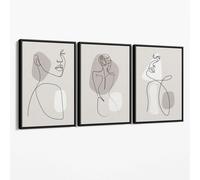 Artze Wall Art Beige Abstract Minimal Line Art Female Set of 3 Canvas Art Prints - 59x84 cm (A1) - Black Float