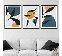 Artze Wall Art Black Leaf with Blue and Yellow Textured Shapes Wall Art Prints 3-Piece Set, 50 cm Width x 70 cm Height