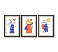 Artze Wall Art Boho Minimal Floral Blue Orange Set of 3 Framed Art Prints - Black - 42x59cm (A2)
