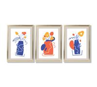 Artze Wall Art Boho Minimal Floral Blue Orange Set of 3 Framed Art Prints - Gold - 30x42cm (A3)