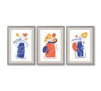 Artze Wall Art Boho Minimal Floral Blue Orange Set of 3 Framed Art Prints - Light Grey - 42x59cm (A2)
