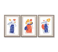 Artze Wall Art Boho Minimal Floral Blue Orange Set of 3 Framed Art Prints - Light Walnut - 50x70cm