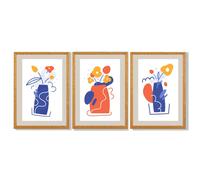 Artze Wall Art Boho Minimal Floral Blue Orange Set of 3 Framed Art Prints - Oak - 50x70cm