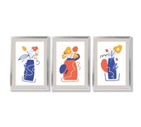 Artze Wall Art Boho Minimal Floral Blue Orange Set of 3 Framed Art Prints - Silver - 42x59cm (A2)