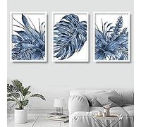 Artze Wall Art Botanical Monstera Art Prints 3-Piece Set, 40 cm Width x 50 cm Height, Navy Blue