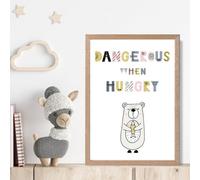 Artze Wall Art Cute Dangerous When Hungry Bear Scandi Quote Framed Print Size: A4 With Oak Frame