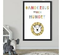Artze Wall Art Cute Dangerous When Hungry Lion Scandi Quote Framed Print Size: A2 With Black Frame