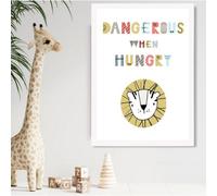 Artze Wall Art Cute Dangerous When Hungry Lion Scandi Quote Framed Print Size: A2 With White Frame
