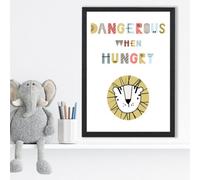 Artze Wall Art Cute Dangerous When Hungry Lion Scandi Quote Framed Print Size: A3 With Black Frame
