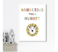 Artze Wall Art Cute Dangerous When Hungry Lion Scandi Quote Framed Print Size: A3 With White Frame