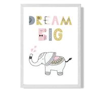 Artze Wall Art Cute Dream Big Elephant Scandi Quote Art Print With White Frame Size: A4