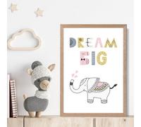 Artze Wall Art Cute Dream Big Elephant Scandi Quote Framed Print Size: A4 With Oak Frame