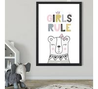 Artze Wall Art Cute Girls Rule Bear Scandi Quote Framed Print Size: A2 With Black Frame
