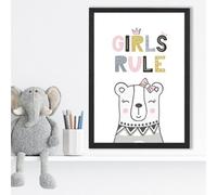 Artze Wall Art Cute Girls Rule Bear Scandi Quote Framed Print Size: A3 With Black Frame