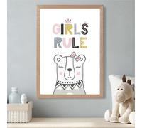 Artze Wall Art Cute Girls Rule Bear Scandi Quote Framed Print Size: A3 With Oak Frame