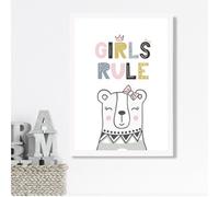 Artze Wall Art Cute Girls Rule Bear Scandi Quote Framed Print Size: A3 With White Frame