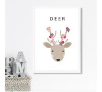 Artze Wall Art Cute Pink Floral Deer Framed Print Size: A3 With White Frame