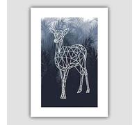 Artze Wall Art Deer Doe with Palm Leaves Background Geometric Art Print, A3 Size, Navy Blue