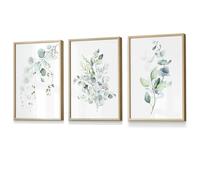 Artze Wall Art FLORAL Set of 3 Eucalyptus Blue Green Leaves Framed Prints - 50x70cm - Light Oak