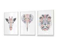 Artze Wall Art Framed Set of 3 Geometric Blush Pink and Grey JUNGLE HEADS Lion Elephant Giraffe - 50x70cm - White