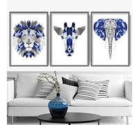 Artze Wall Art Geometric Jungle Heads Giraffe Lion Elephant Art Prints 3-Piece Set, 21 cm Width x 30 cm Height, Blue/Grey