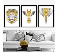 Artze Wall Art Geometric Jungle Heads Giraffe Lion Elephant Art Prints 3-Piece Set, 21 cm Width x 30 cm Height, Yellow/Grey