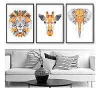 Artze Wall Art Geometric Jungle Heads Giraffe Lion Elephant Art Prints 3-Piece Set, 40 cm Width x 50 cm Height, Orange/Grey