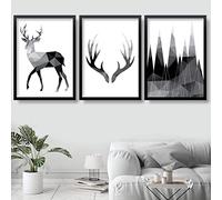 Artze Wall Art Geometric Monochrome Stag Antlers and Mountains Art Prints 3-Piece Set, 40 cm Width x 50 cm Height, Black/Grey