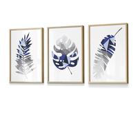 Artze Wall Art GEOMETRIC Set of 3 Blue & Grey Tropical Leaves Framed Prints - 50x70cm - Light Oak