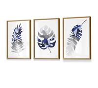 Artze Wall Art GEOMETRIC Set of 3 Blue & Grey Tropical Leaves Framed Prints - 50x70cm - Oak