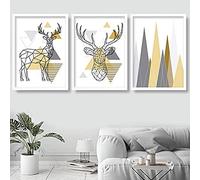 Artze Wall Art Geometric Triangles and Poly Line Stag with Mountains Art Print 3-Piece Set, 30 cm Width x 40 cm Height, Yellow/Grey