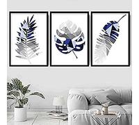 Artze Wall Art Geometric Tropical Leaves Art Prints 3-Piece Set, 30 cm Width x 40 cm Height, Navy Blue/ Grey