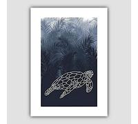Artze Wall Art Geometric Turtle with Palms Leaves Art Print, A2 Size, Navy Blue