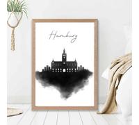 Artze Wall Art Hamburg Watercolour Skyline City Framed Print Size: A2 With Oak Frame