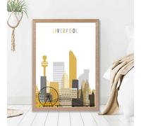Artze Wall Art Liverpool Yellow And Grey City Skyline Framed Print Size: A2 With Oak Frame