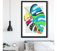 Artze Wall Art Monstera Blue And Green Abstract Minimalist Framed Print Size: A2 With Black Frame