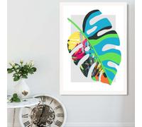 Artze Wall Art Monstera Blue And Green Abstract Minimalist Framed Print Size: A2 With White Frame