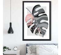 Artze Wall Art Monstera Grey And Pink Boho Botanical Framed Print Size: A2 With Black Frame