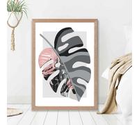 Artze Wall Art Monstera Grey And Pink Boho Botanical Framed Print Size: A2 With Oak Frame
