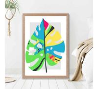 Artze Wall Art Monstera Leaf Blue And Green Abstract Minimalist Framed Print Size: A2 With Oak Frame