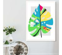 Artze Wall Art Monstera Leaf Blue And Green Abstract Minimalist Framed Print Size: A2 With White Frame