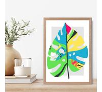 Artze Wall Art Monstera Leaf Blue And Green Abstract Minimalist Framed Print Size: A4 With Oak Frame