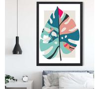 Artze Wall Art Monstera Leaf Blue And Pink Boho Botanical Framed Print Size: A2 With Black Frame