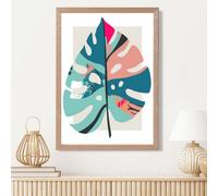 Artze Wall Art Monstera Leaf Blue And Pink Boho Botanical Framed Print Size: A3 With Oak Frame
