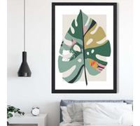 Artze Wall Art Monstera Leaf Green And Red Minamilist Framed Print Size: A2 With Black Frame
