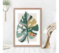 Artze Wall Art Monstera Leaf Green And Red Minamilist Framed Print Size: A2 With Oak Frame