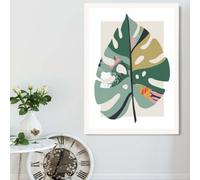 Artze Wall Art Monstera Leaf Green And Red Minamilist Framed Print Size: A2 With White Frame